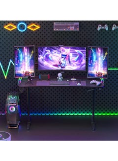 WISFOR Gaming Desk with RGB Light 160x60.5cm PC Computer Table Y Shaped Gamer Home Office Deck with Cup Holder and Headphone Hook Carbon Fiber Tabletop Large Workstation  - Image 3
