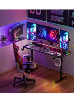 WISFOR Gaming Desk with RGB Light 160x60.5cm PC Computer Table Y Shaped Gamer Home Office Deck with Cup Holder and Headphone Hook Carbon Fiber Tabletop Large Workstation  - Image 4