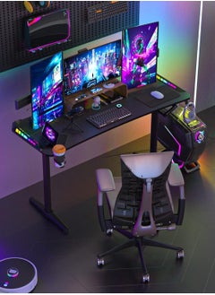 WISFOR Gaming Desk with RGB Light 160x60.5cm PC Computer Table Y Shaped Gamer Home Office Deck with Cup Holder and Headphone Hook Carbon Fiber Tabletop Large Workstation  - Image 5