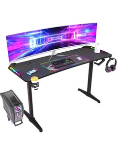 WISFOR Gaming Desk with RGB Light 160x60.5cm PC Computer Table Y Shaped Gamer Home Office Deck with Cup Holder and Headphone Hook Carbon Fiber Tabletop Large Workstation  - Image 1