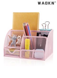 WAOKN Desk Organizer Office Accessories, Multi-Functional Mesh Desk Organizer Pen Holder Organizers Set with 6 Compartments and 1 Drawer for Home, Office, School, Workshop, Kitchen (Pink)  - Image 1
