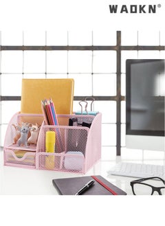 WAOKN Desk Organizer Office Accessories, Multi-Functional Mesh Desk Organizer Pen Holder Organizers Set with 6 Compartments and 1 Drawer for Home, Office, School, Workshop, Kitchen (Pink)  - Image 5