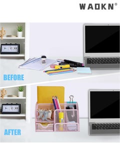 WAOKN Desk Organizer Office Accessories, Multi-Functional Mesh Desk Organizer Pen Holder Organizers Set with 6 Compartments and 1 Drawer for Home, Office, School, Workshop, Kitchen (Pink)  - Image 3