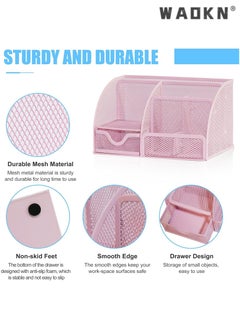 WAOKN Desk Organizer Office Accessories, Multi-Functional Mesh Desk Organizer Pen Holder Organizers Set with 6 Compartments and 1 Drawer for Home, Office, School, Workshop, Kitchen (Pink)  - Image 2