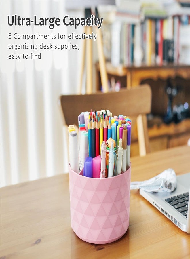 Nuozme Desk Organizer, 360-Degree Rotating Pencil Pen Holders For Desk, Diamond Pattern Pen Organizer With 5 Compartments, Cute Desk Accessories Decor For Office, School,Home,Art Supply (Pink) - Image 2