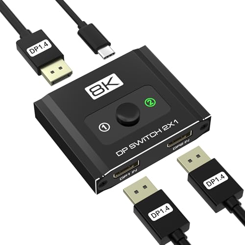 Closs DisplayPort Switch 2 in 1 Out, 8K@60Hz DP 1.4 Switcher Selector Box, Unidirectional Display Port Switcher for Dual PCs & Gaming Consoles, 4K@144Hz DP Switch with DSC Support (DP Cables Not Included) - Image 1