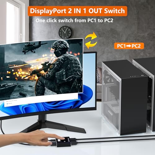Closs DisplayPort Switch 2 in 1 Out, 8K@60Hz DP 1.4 Switcher Selector Box, Unidirectional Display Port Switcher for Dual PCs & Gaming Consoles, 4K@144Hz DP Switch with DSC Support (DP Cables Not Included) - Image 4