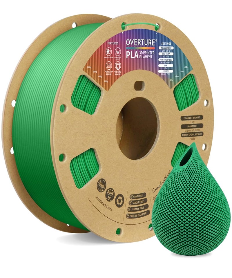 OVERTURE PLA Filament 1.75mm, Neatly Wound 3D Printer Filament 1kg Spool (2.2lbs), Dimensional Accuracy +/- 0.02 mm, Fit Most FDM 3D Printers (Green) - Image 1