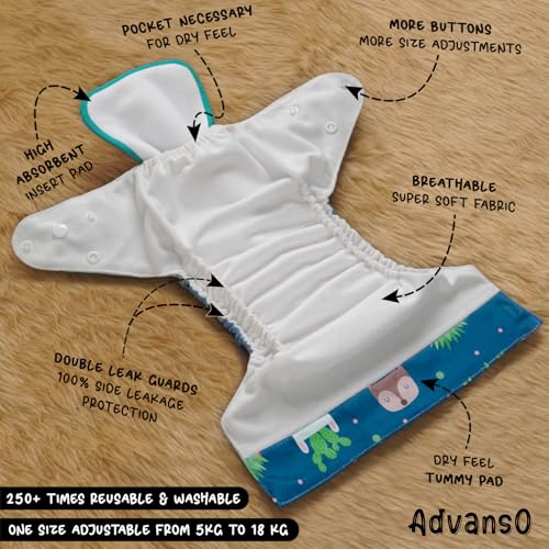 Advanso Leakage Proof cloth diapers for babies, high absorbent 3 reusable diaper 6 insert pad combo pack washable cloth diaper free size 5-18kg adjustable pocket cover 73 - Image 3