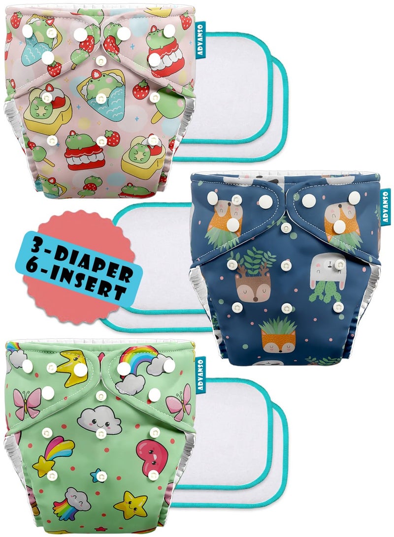 Advanso Leakage Proof cloth diapers for babies, high absorbent 3 reusable diaper 6 insert pad combo pack washable cloth diaper free size 5-18kg adjustable pocket cover 73 - Image 1
