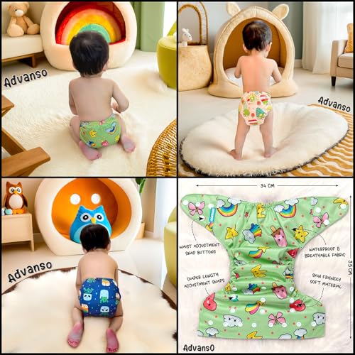 Advanso Leakage Proof cloth diapers for babies, high absorbent 3 reusable diaper 6 insert pad combo pack washable cloth diaper free size 5-18kg adjustable pocket cover 73 - Image 4