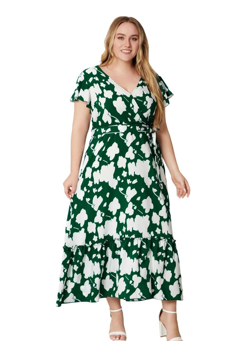 New Summer Plus-size Women's V-neck Print Dress Green  - Image 1