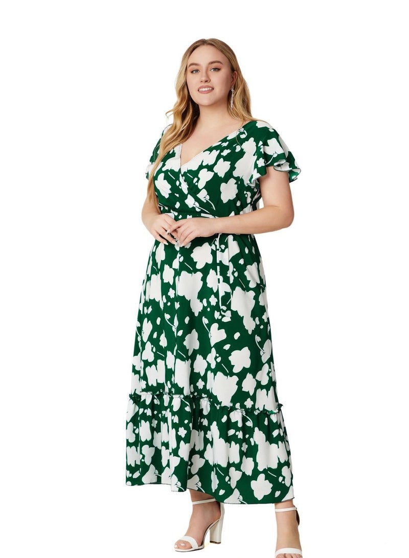 New Summer Plus-size Women's V-neck Print Dress Green  - Image 2