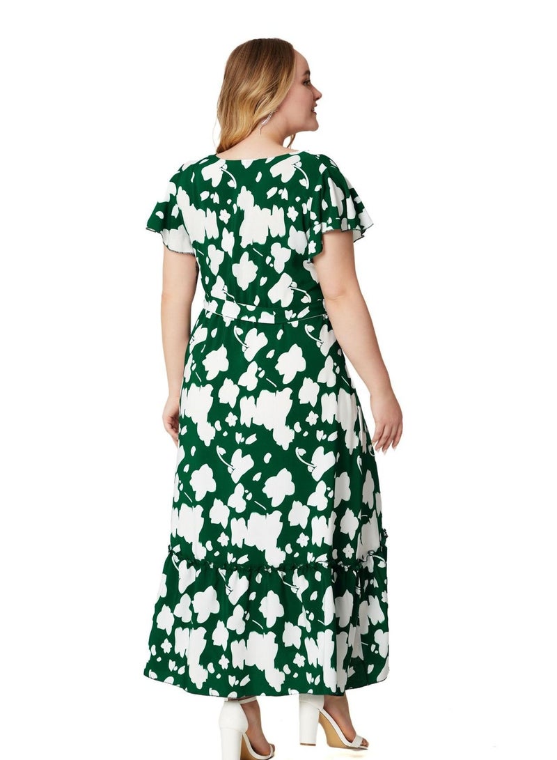 New Summer Plus-size Women's V-neck Print Dress Green  - Image 3