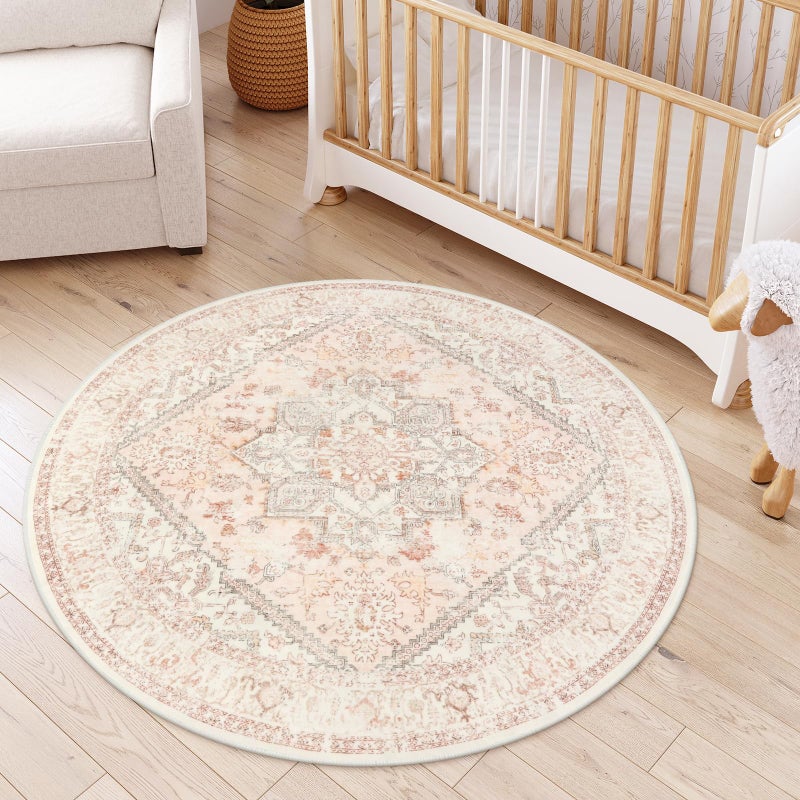LIVEBOX Washable Peachy Pink Rug 5ft - Medallion Vintage Circle Rugs for Bedroom, Low-Pile Tribal Print Carpet for Nursery, Non-Slid Distress Floral Circular Rug for Living Room Kid's Room Entryway - Image 5