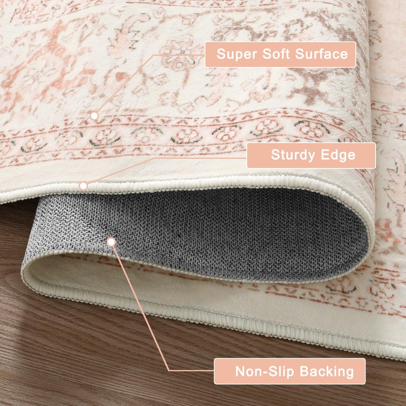 LIVEBOX Washable Peachy Pink Rug 5ft - Medallion Vintage Circle Rugs for Bedroom, Low-Pile Tribal Print Carpet for Nursery, Non-Slid Distress Floral Circular Rug for Living Room Kid's Room Entryway - Image 2