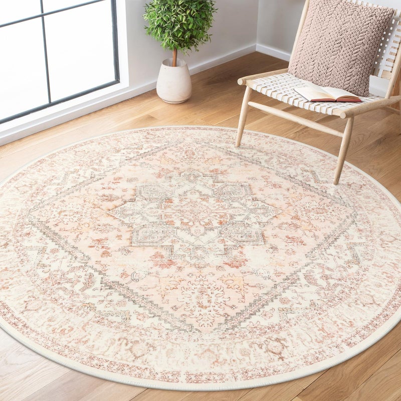 LIVEBOX Washable Peachy Pink Rug 5ft - Medallion Vintage Circle Rugs for Bedroom, Low-Pile Tribal Print Carpet for Nursery, Non-Slid Distress Floral Circular Rug for Living Room Kid's Room Entryway - Image 1