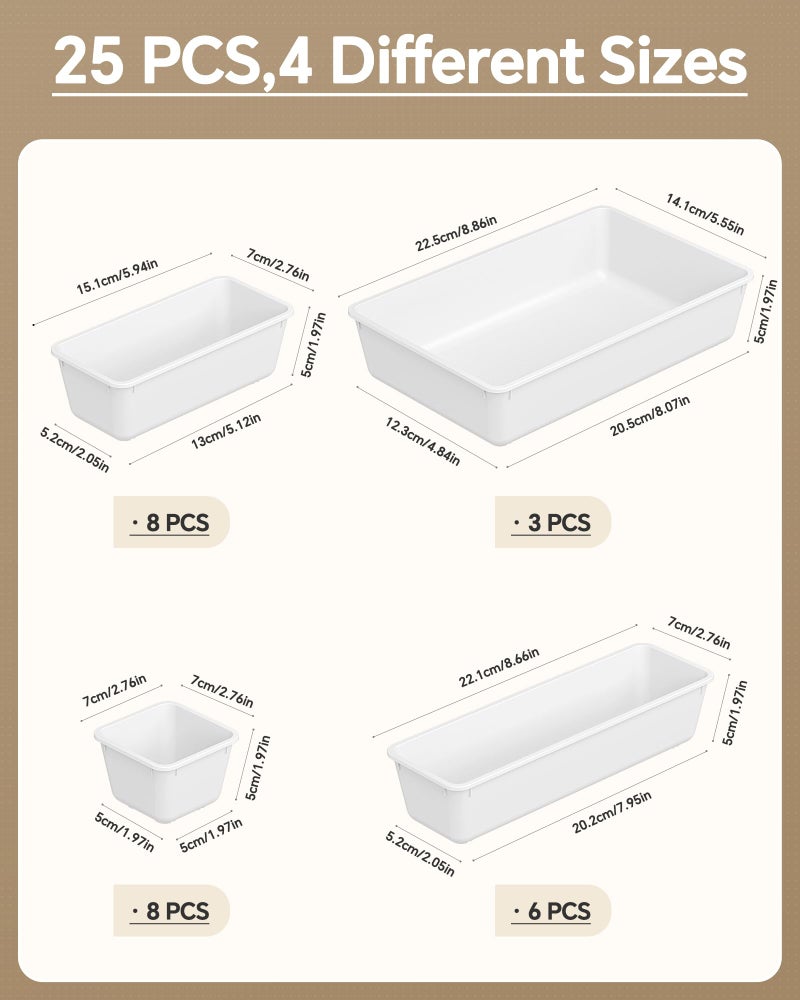 KEMETHY 25 PCS Plastic Drawer Organizers Set, 4 Sizes Vanity Organizer, Makeup and Desk Drawer Organizer Trays, Organization and Storage for Makeup, Bathroom, Kitchen Utensils and Office (White) - Image 2
