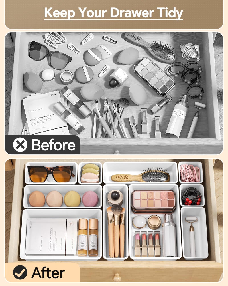 KEMETHY 25 PCS Plastic Drawer Organizers Set, 4 Sizes Vanity Organizer, Makeup and Desk Drawer Organizer Trays, Organization and Storage for Makeup, Bathroom, Kitchen Utensils and Office (White) - Image 3