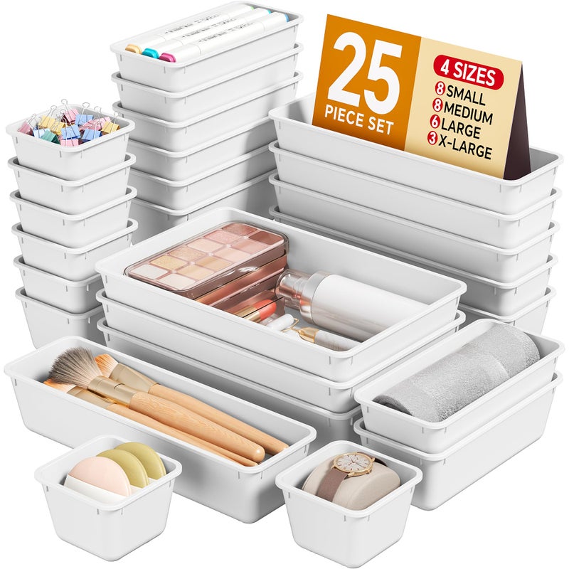 KEMETHY 25 PCS Plastic Drawer Organizers Set, 4 Sizes Vanity Organizer, Makeup and Desk Drawer Organizer Trays, Organization and Storage for Makeup, Bathroom, Kitchen Utensils and Office (White) - Image 1