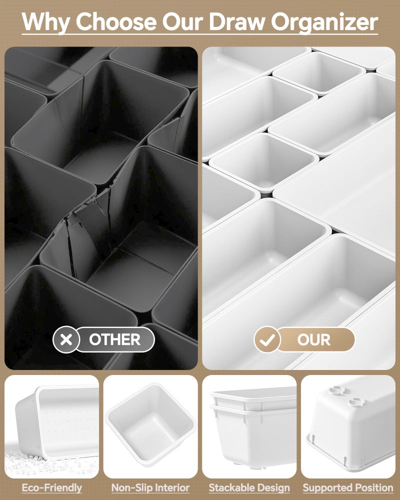 KEMETHY 25 PCS Plastic Drawer Organizers Set, 4 Sizes Vanity Organizer, Makeup and Desk Drawer Organizer Trays, Organization and Storage for Makeup, Bathroom, Kitchen Utensils and Office (White) - Image 5