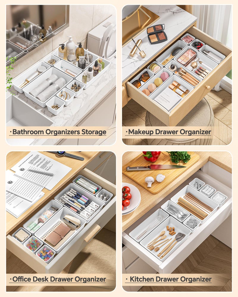 KEMETHY 25 PCS Plastic Drawer Organizers Set, 4 Sizes Vanity Organizer, Makeup and Desk Drawer Organizer Trays, Organization and Storage for Makeup, Bathroom, Kitchen Utensils and Office (White) - Image 4