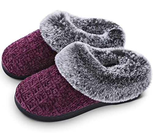 DL Women's House Slippers with Fuzzy Plush Faux Fur Collar, Memory Foam Slip on House Shoes with Indoor Outdoor Anti-Skid Rubber Sole, Purple, 7-8 - Image 1