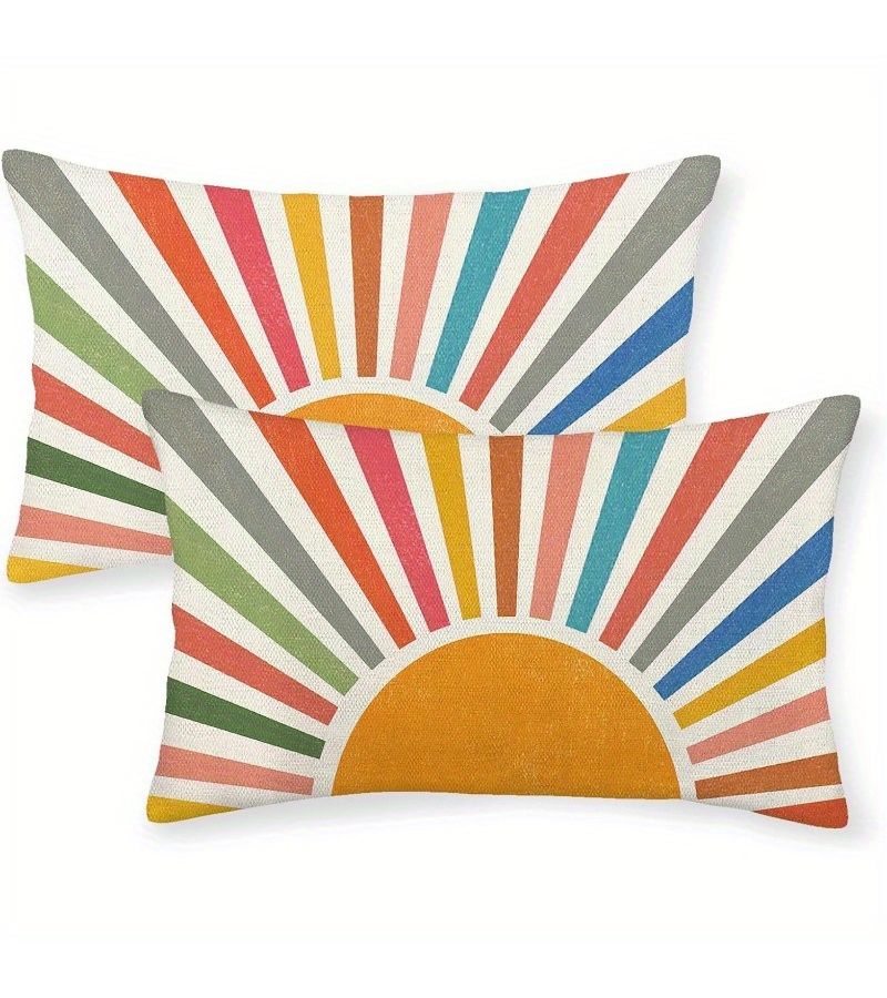 Set Of 2 Yellow Striped Sunshine Outdoor Throw Pillow Covers 12x20 Lumbar - Image 3