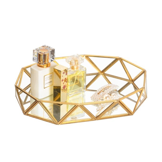 GOLD GLASS PERFUME TRAY MIRROR VANITY JEWELRY TRINKET ORGANIZER TRAY ORNATE COSMETIC MAKEUP DISPLAY GEOMETRIC SHAPE DECORATIVE TRAY FOR BATHROOM HOME DECOR DRESSER TABLETOP COUNTERTOP 11INCH