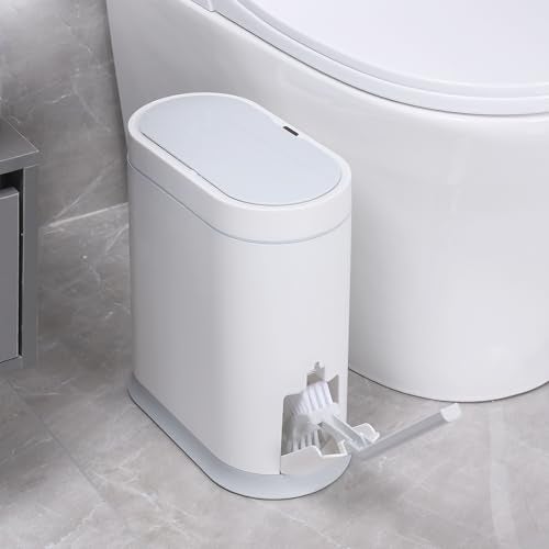 ELPHECO Bathroom Trash Can with Toilet Brush 2.5 Gallon Waterproof Trash Bin Smart Garbage can with lid Motion Sensor Waste Bin Automatic Bathroom Decor (White) - Image 1