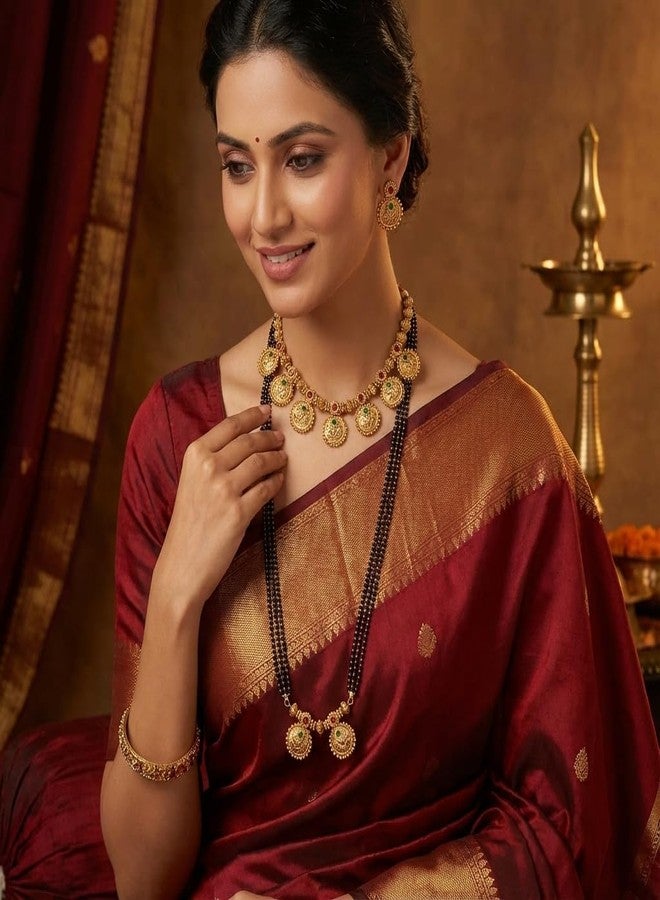 AAIKU Gold-Plated Mangalsutra Combo Set | Long Black Beads Pendant Mangalsutra & Short Coin Choker Necklace with Matching Earrings | Stylish Jewelry for Women & Girls (36 Inch - 4 Line) - Image 5