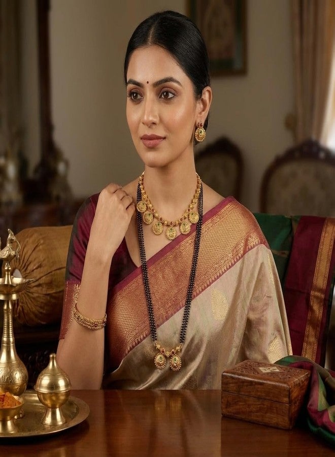 AAIKU Gold-Plated Mangalsutra Combo Set | Long Black Beads Pendant Mangalsutra & Short Coin Choker Necklace with Matching Earrings | Stylish Jewelry for Women & Girls (36 Inch - 4 Line) - Image 2
