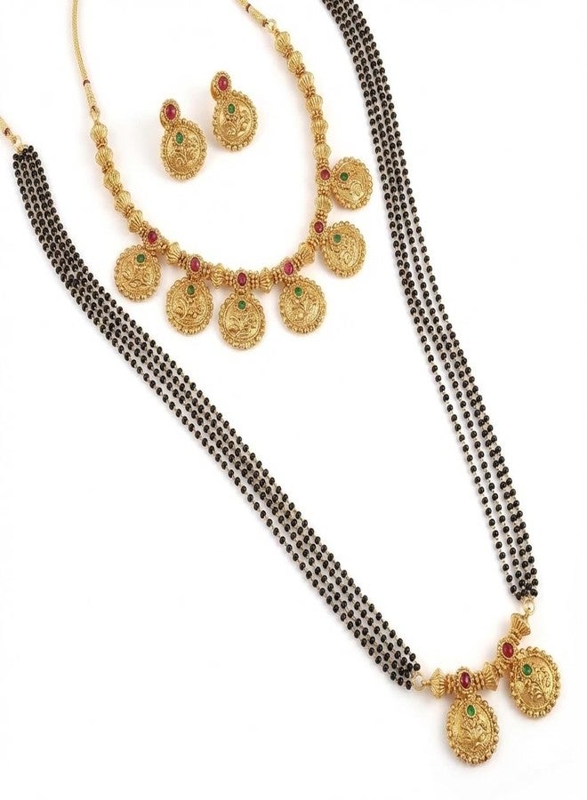 AAIKU Gold-Plated Mangalsutra Combo Set | Long Black Beads Pendant Mangalsutra & Short Coin Choker Necklace with Matching Earrings | Stylish Jewelry for Women & Girls (36 Inch - 4 Line) - Image 1