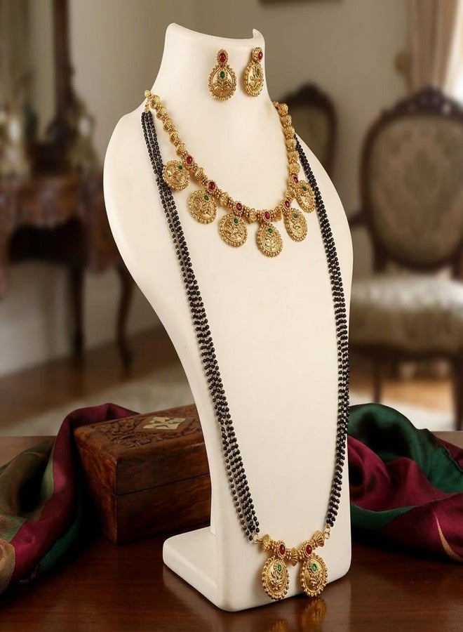 AAIKU Gold-Plated Mangalsutra Combo Set | Long Black Beads Pendant Mangalsutra & Short Coin Choker Necklace with Matching Earrings | Stylish Jewelry for Women & Girls (36 Inch - 4 Line) - Image 4
