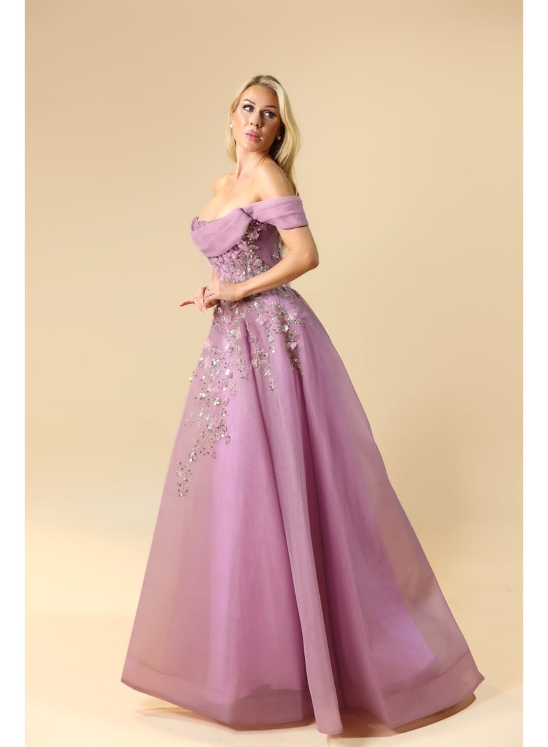 FAIZ COUTURE Elegant Off-Shoulder Evening Gown with Floral Embroidery and Flowing Tulle Skirt - Image 3