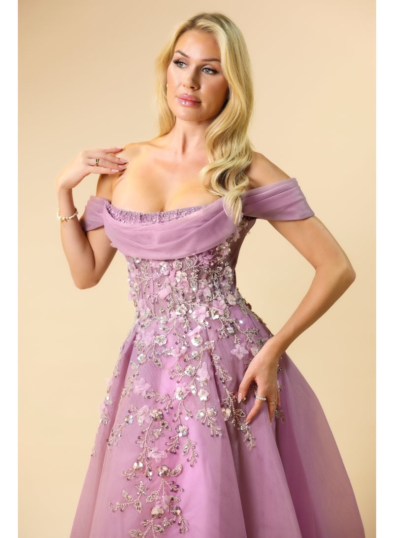 FAIZ COUTURE Elegant Off-Shoulder Evening Gown with Floral Embroidery and Flowing Tulle Skirt - Image 2