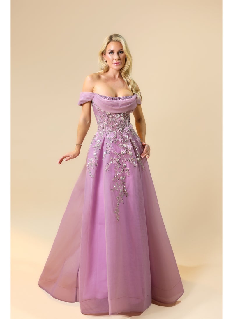 FAIZ COUTURE Elegant Off-Shoulder Evening Gown with Floral Embroidery and Flowing Tulle Skirt - Image 1