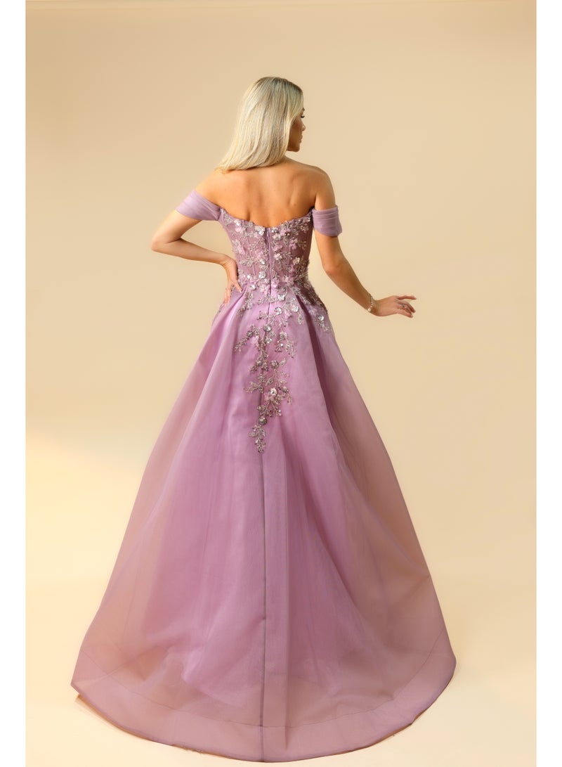 FAIZ COUTURE Elegant Off-Shoulder Evening Gown with Floral Embroidery and Flowing Tulle Skirt - Image 4