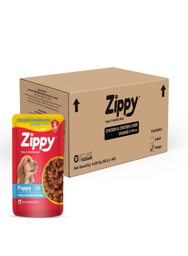 ZIPPY 1-12 Month Puppy Dog Food 4080g, Pack of 48 (85g Each Pack) Chicken & Liver Chunks in Gravy of Real Chicken | Gravy Meal Helps Strengthen Dog’s Immune System | Maintaining Strong Bones & Teeth - Image 1