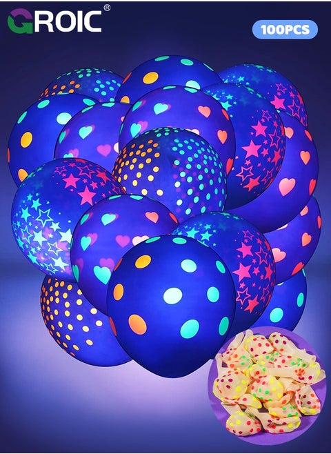 100 Pcs UV Neon Balloons,Neon Polka Dot Glow Party Balloons UV Black Light Balloons Glow in the dark for Birthday Decorations Wedding Glow Party,Party Balloons,Party Supplies