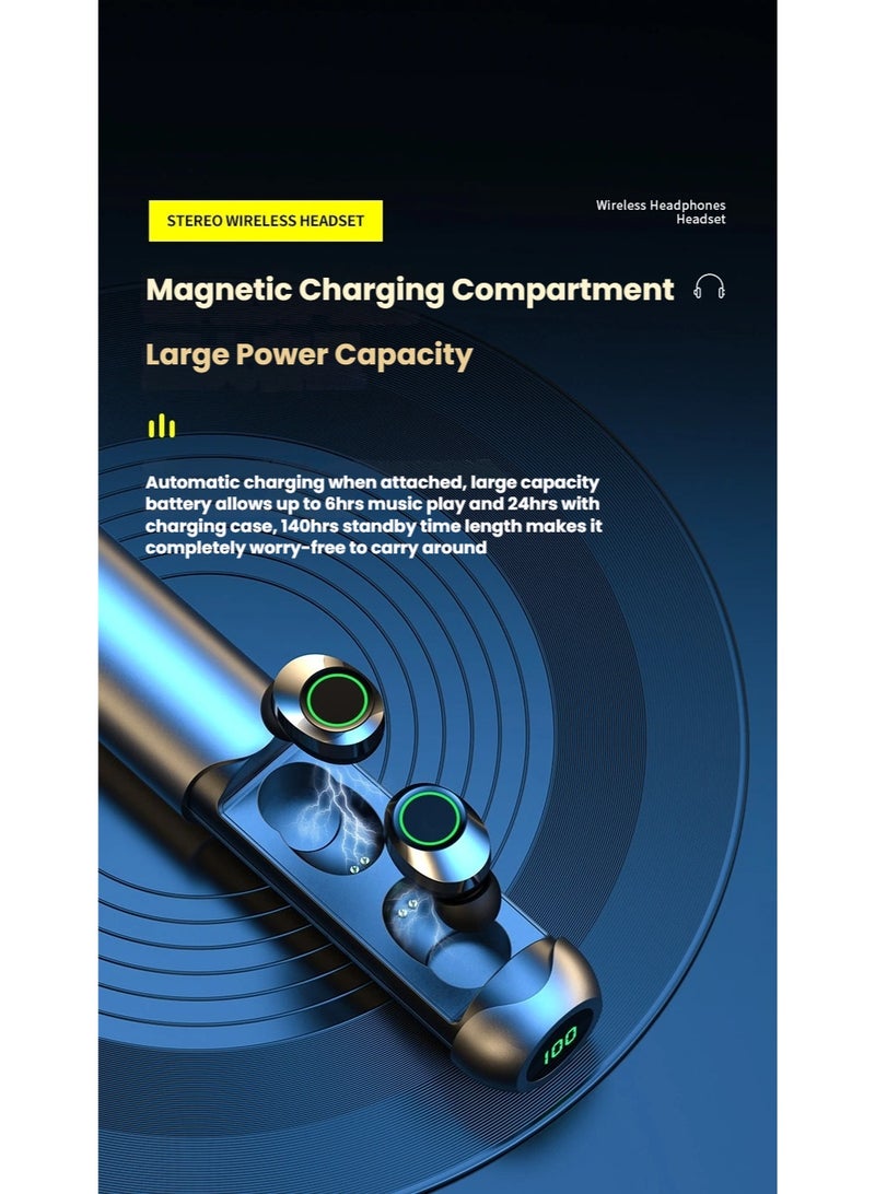 Wireless Bluetooth Black Earbuds Earphones with LED Charging Case, Compact True Wireless TWS Earbuds Earphone with Charger Charging Box, Lightweight Bluetooth Long Playtime Standby Fast Charging Earphones 24H Play with Charging Case - Image 4