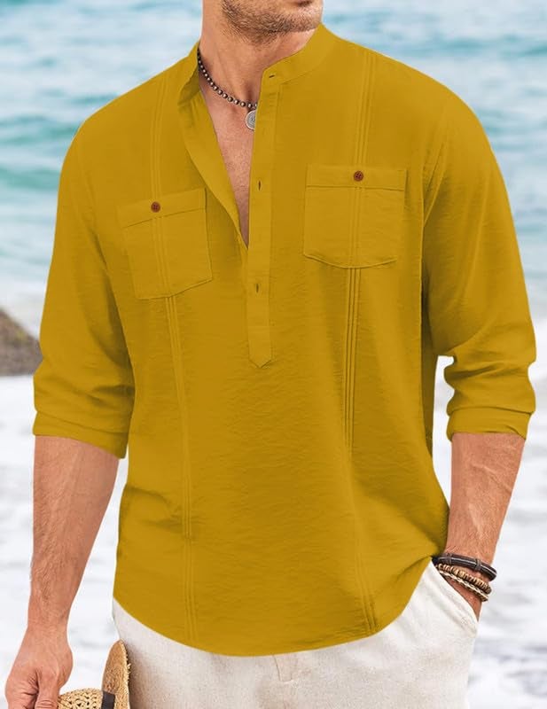 Macsivo Cotton Blend Solid Casual Short Kurta for Men Long Sleeve Mandarin Collar Stylish Shirt Kurta for Men Gold - Image 3