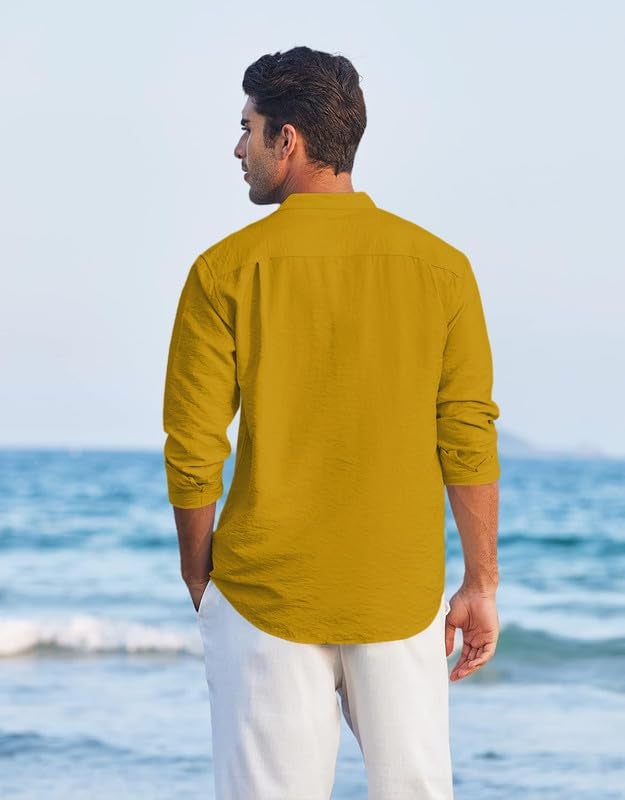 Macsivo Cotton Blend Solid Casual Short Kurta for Men Long Sleeve Mandarin Collar Stylish Shirt Kurta for Men Gold - Image 2