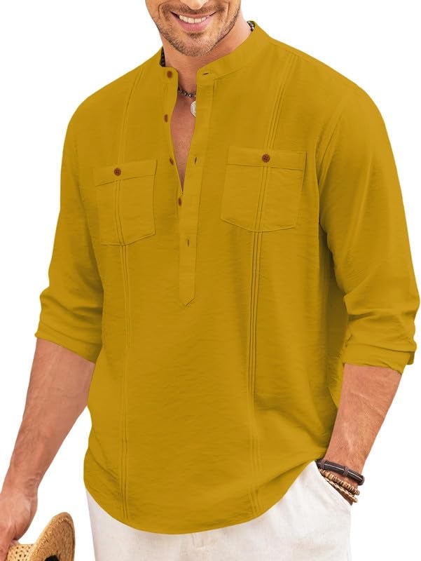 Macsivo Cotton Blend Solid Casual Short Kurta for Men Long Sleeve Mandarin Collar Stylish Shirt Kurta for Men Gold - Image 1