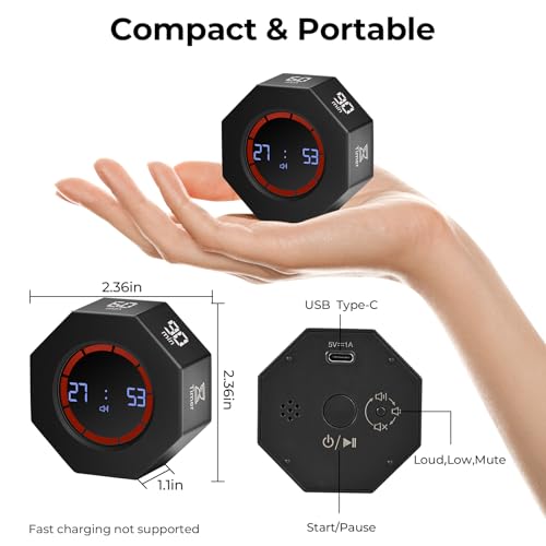 Kaflin Small Rechargeable Pomodoro Timer, Gravity Sensor Auto-Rotating 7 Preset Times (1/3/5/15/30/60/90 min) & Count Up Mode, Digital Kitchen Timers for Cooking, Work and Study (Space Gray) - Image 3