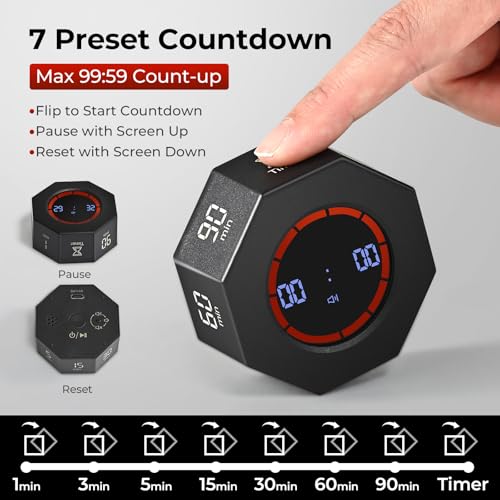 Kaflin Small Rechargeable Pomodoro Timer, Gravity Sensor Auto-Rotating 7 Preset Times (1/3/5/15/30/60/90 min) & Count Up Mode, Digital Kitchen Timers for Cooking, Work and Study (Space Gray) - Image 2
