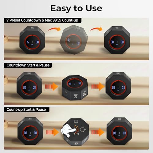 Kaflin Small Rechargeable Pomodoro Timer, Gravity Sensor Auto-Rotating 7 Preset Times (1/3/5/15/30/60/90 min) & Count Up Mode, Digital Kitchen Timers for Cooking, Work and Study (Space Gray) - Image 4