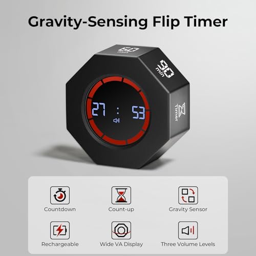 Kaflin Small Rechargeable Pomodoro Timer, Gravity Sensor Auto-Rotating 7 Preset Times (1/3/5/15/30/60/90 min) & Count Up Mode, Digital Kitchen Timers for Cooking, Work and Study (Space Gray) - Image 5