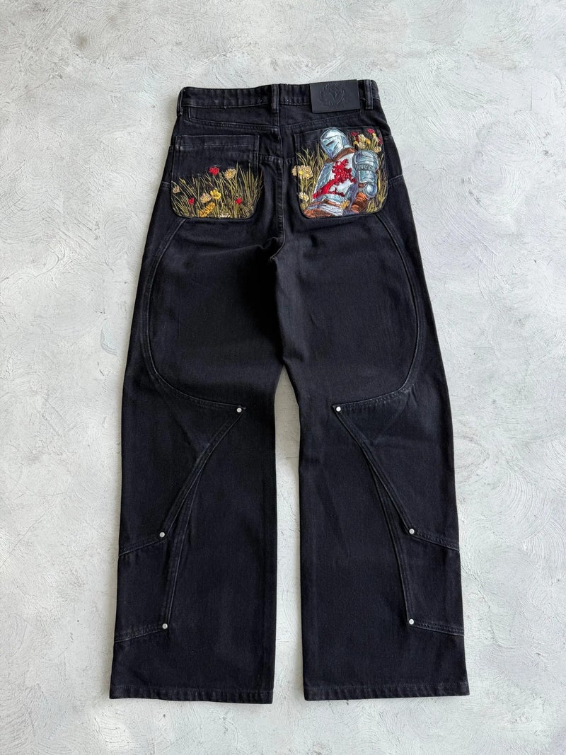 general Vescartes Vintage Wide Leg Cherry Blossom Embroidery Jeans for Men and Women - Image 1