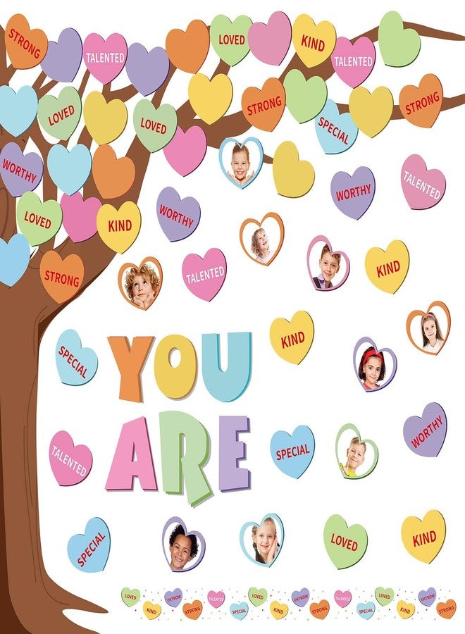 JUNEBRUSHS Valentine's Day Bulletin Board Decorations Set, Candy Heart Cutouts for Dorm, Classroom Conversation Heart Cutouts for Classroom Office Wall Decor - Image 1